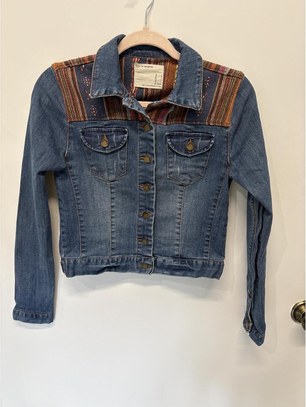 Life in Progress Women's Denim Jacket with Patterned Shoulder Detail, Size Small